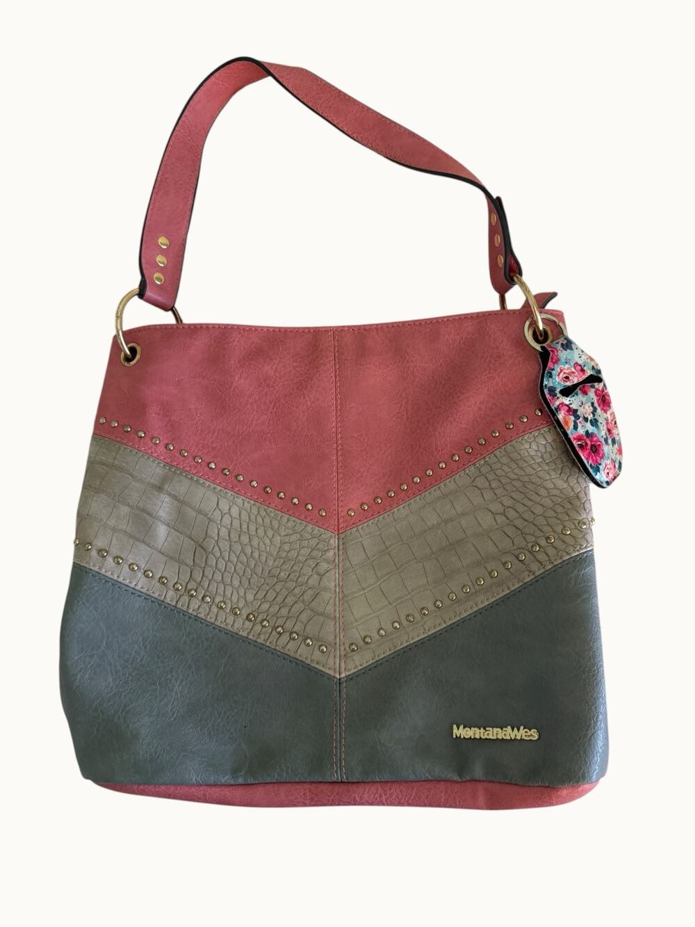 Montana West Chevron Studded Hobo Pink/Gray Faux Leather Shoulder Purse